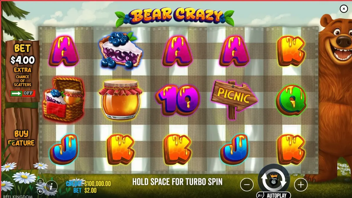Tampilan antarmuka slot Bear Crazy di layar ponsel pintar dengan tema hutan yang cerah